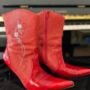 Vintage Eel Skin Red Embellished Heeled Boots